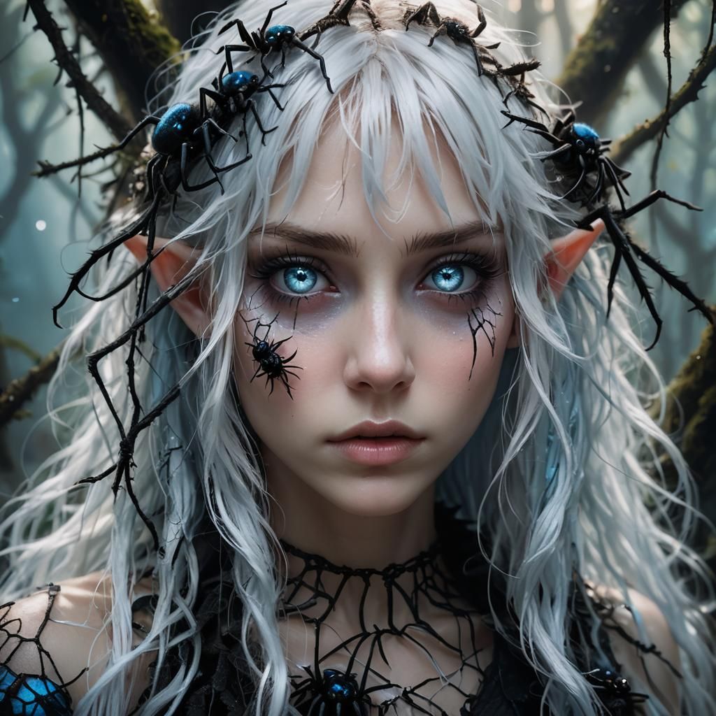 Mystical Fairy Elf Surrounded by Tarantulas in a Spooky Fore...