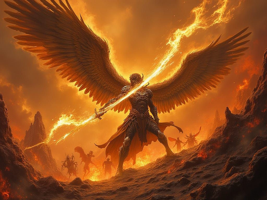 Archangel Battling Demons in Gothic Dark Fantasy Realm