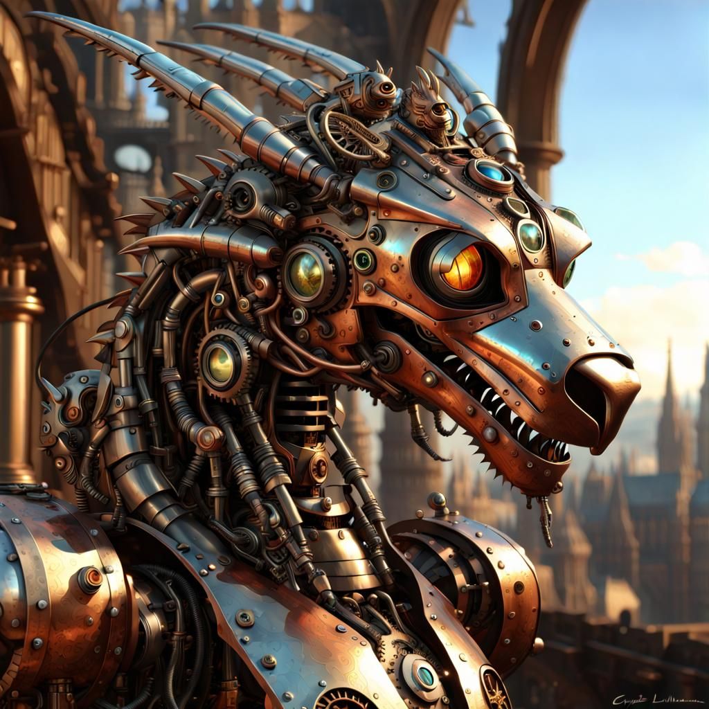 Steampunk Metal Robot Dragon Portrait in 3D