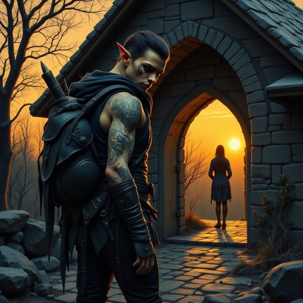 Dark Fantasy Elf in Leather Armor at Cottage Threshold