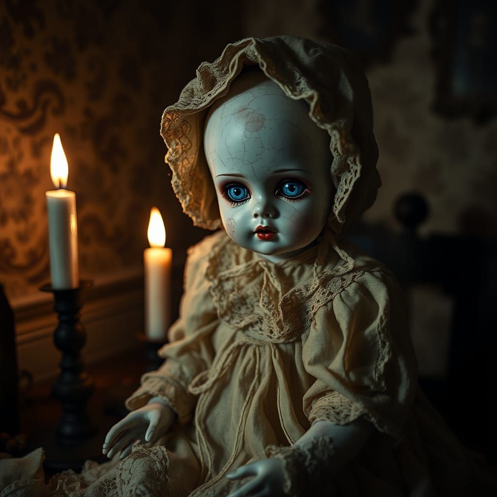 A dusty old doll with cracked porcelain and glowing eyes, si...