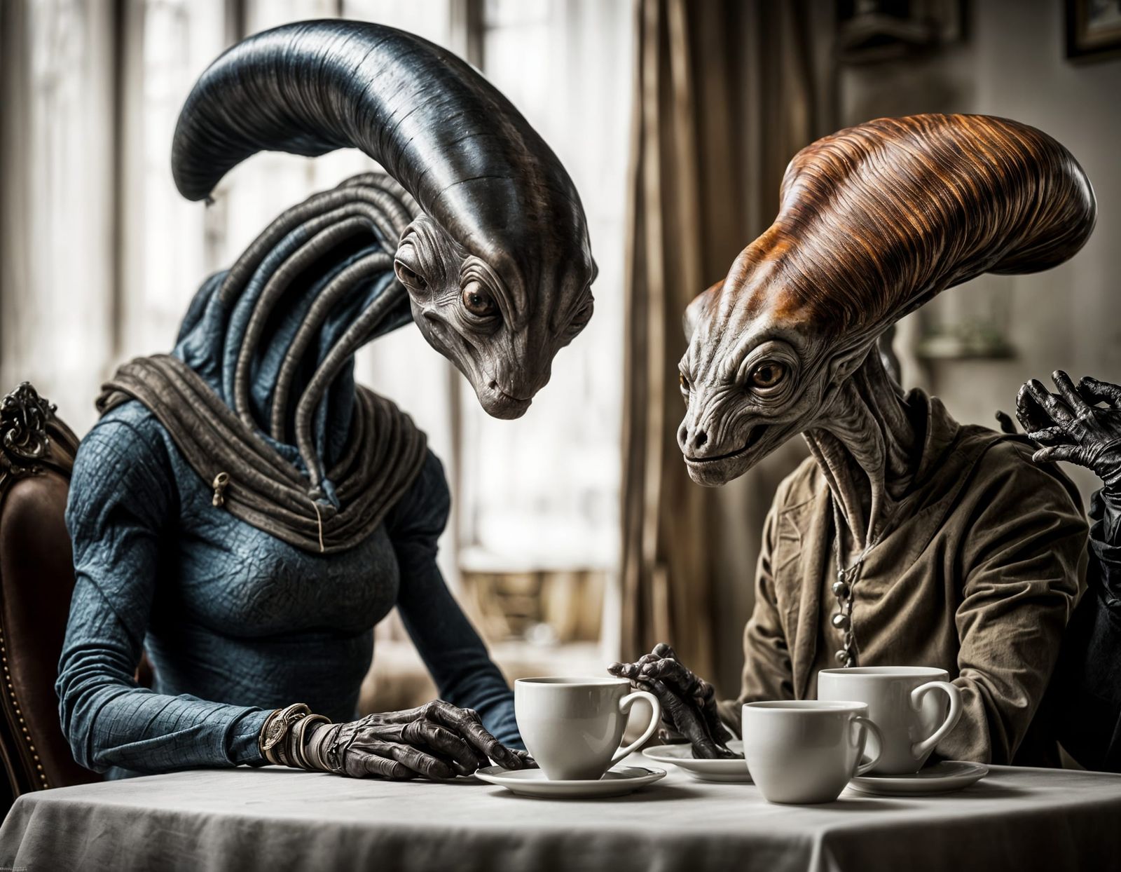 Surreal Alien Celebration in a Restaurant Setting