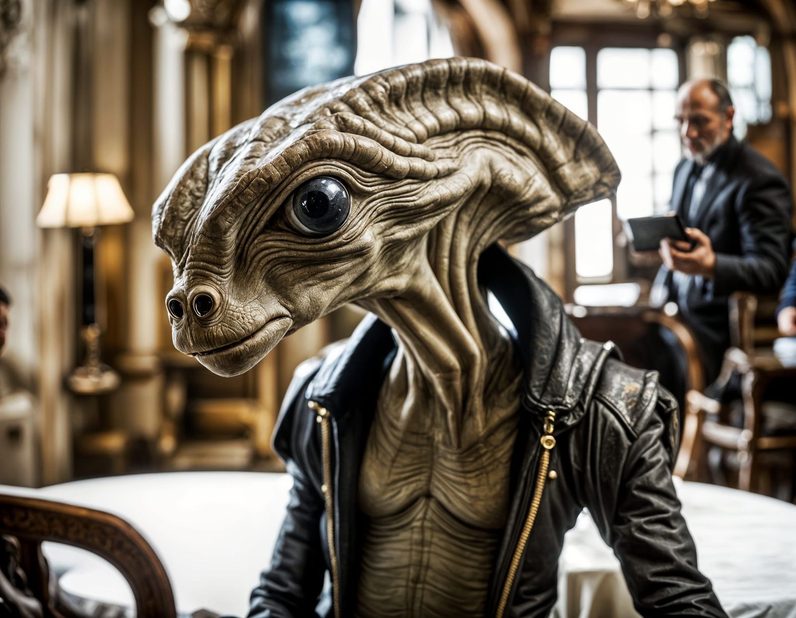 Elegant Aliens Celebrate in Surreal Restaurant Setting