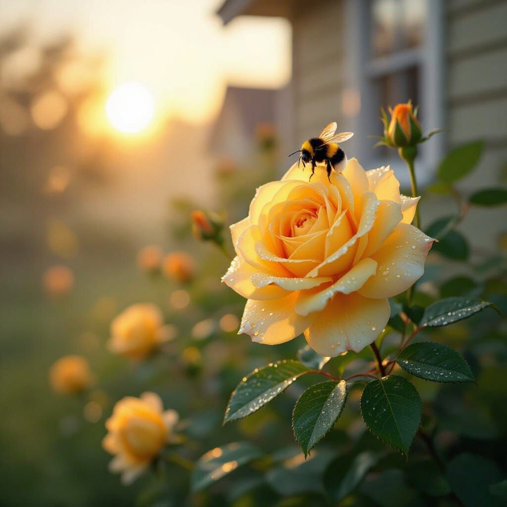 Golden Rose Bush with Dew and Bumblebee