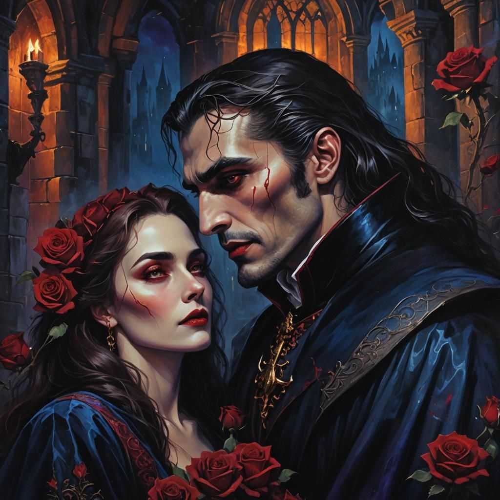 Dracula and Wife Embrace in Dark Fantasy Art