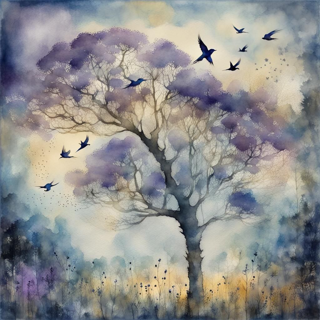 Blue Forest Moonscape in Watercolor Art Brut Style