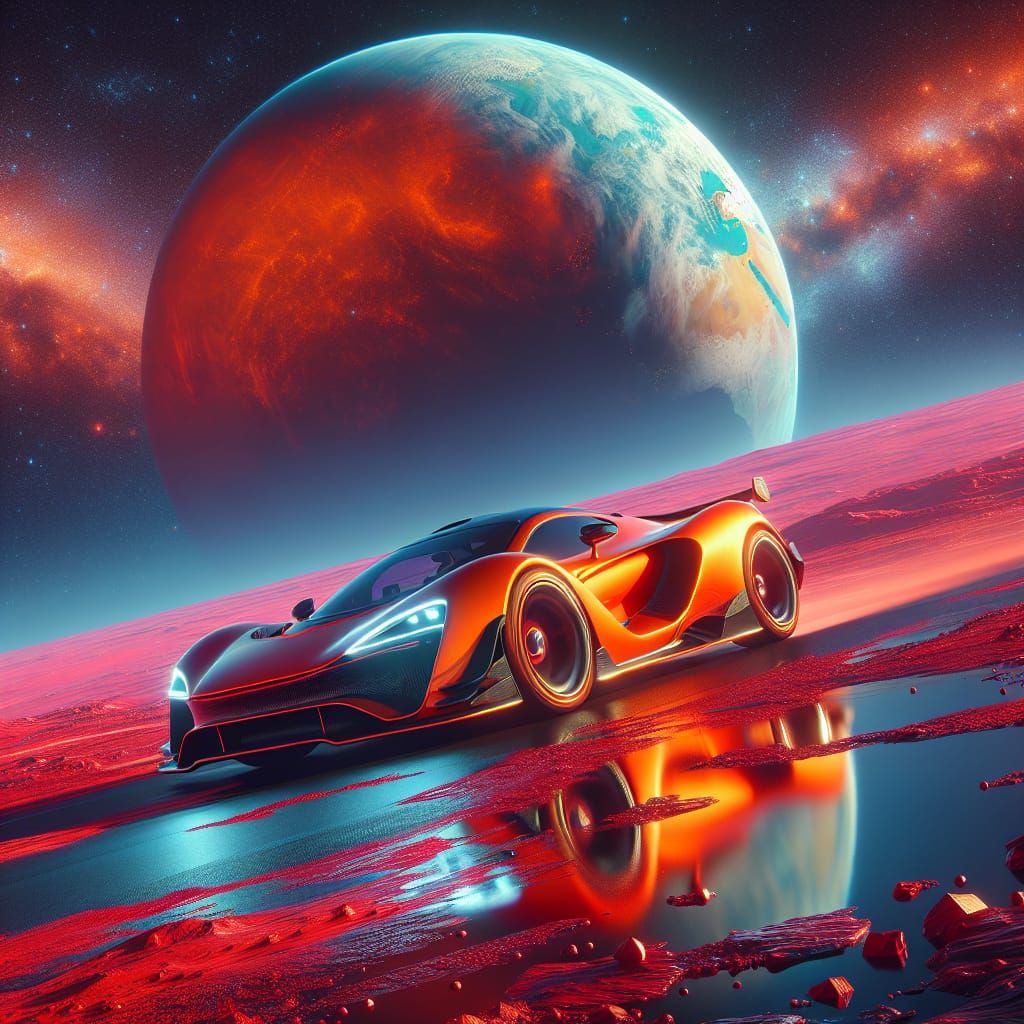 Orange Sports Car on Crimson Alien Planet