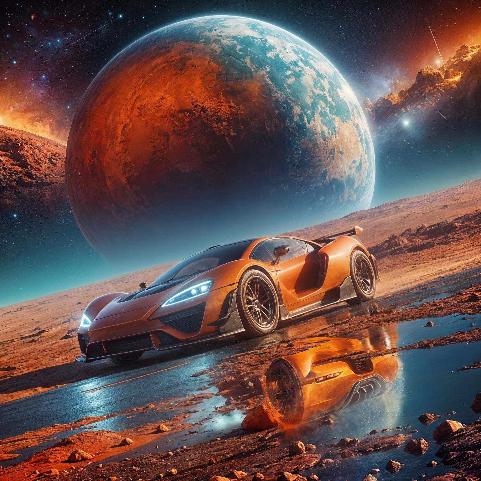 Orange Sports Car on Crimson Alien Planet with Earth View