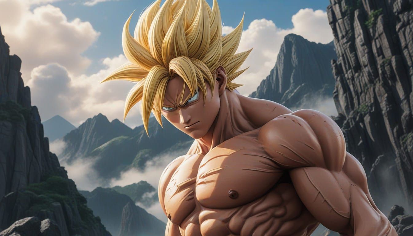 Goku Radiates Golden Aura in Majestic Mountain Landscape