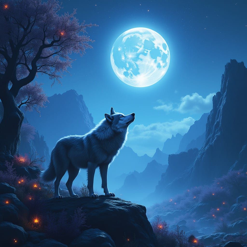 Moonlit Wolf in Fantasy Realm