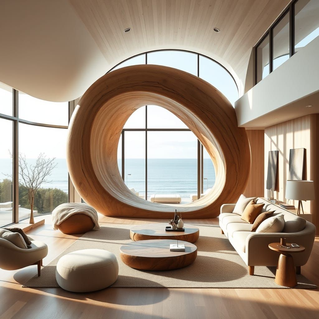 Cozy Scandinavian Room with Wooden Sculpture in Natural Ligh...