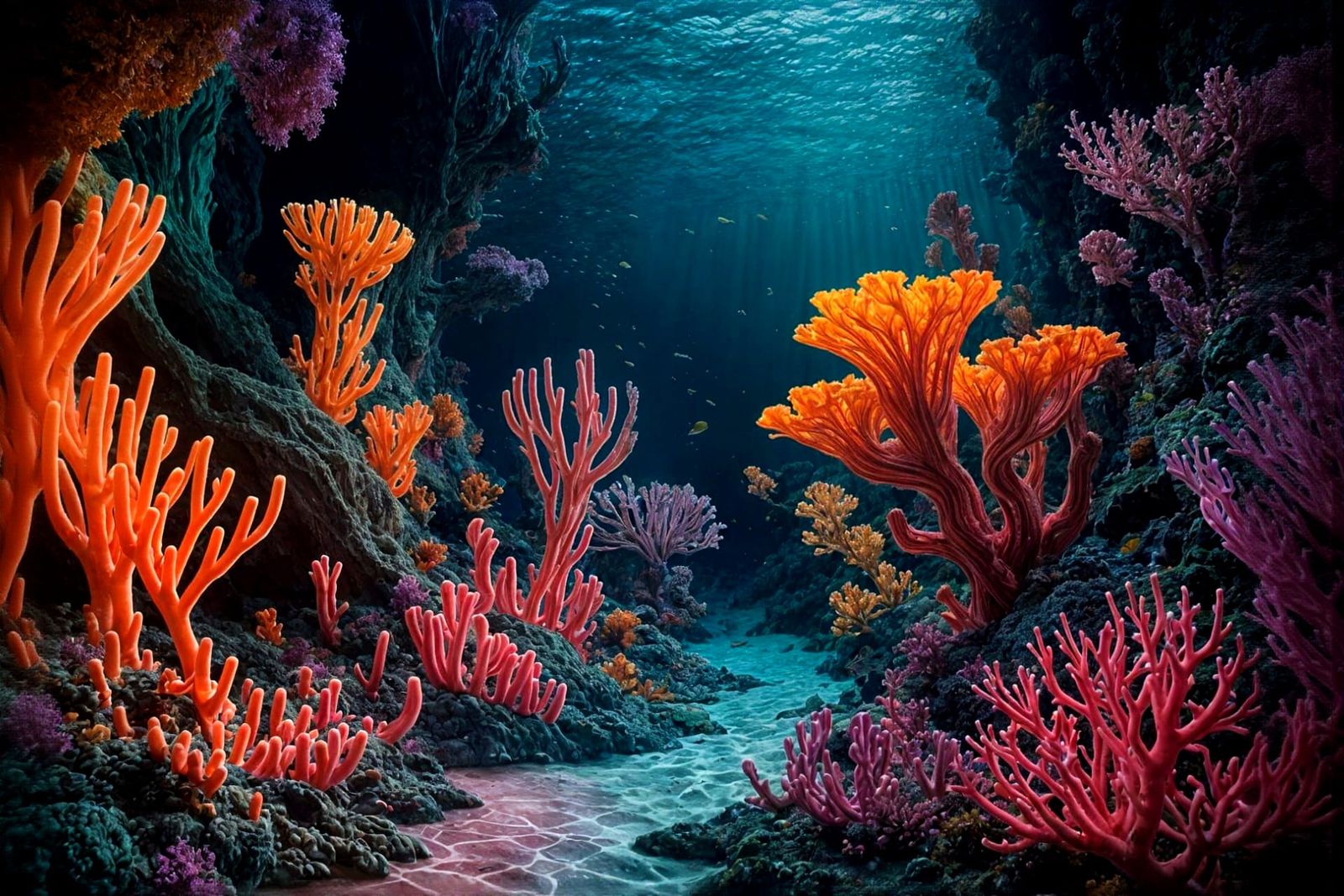Surreal Underwater Garden of Neon Coral Formations