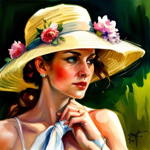 Woman with an elegant straw hat with flowers and a long ribbon,  , 8k resolution concept art portrait by Greg Rutkowski,...