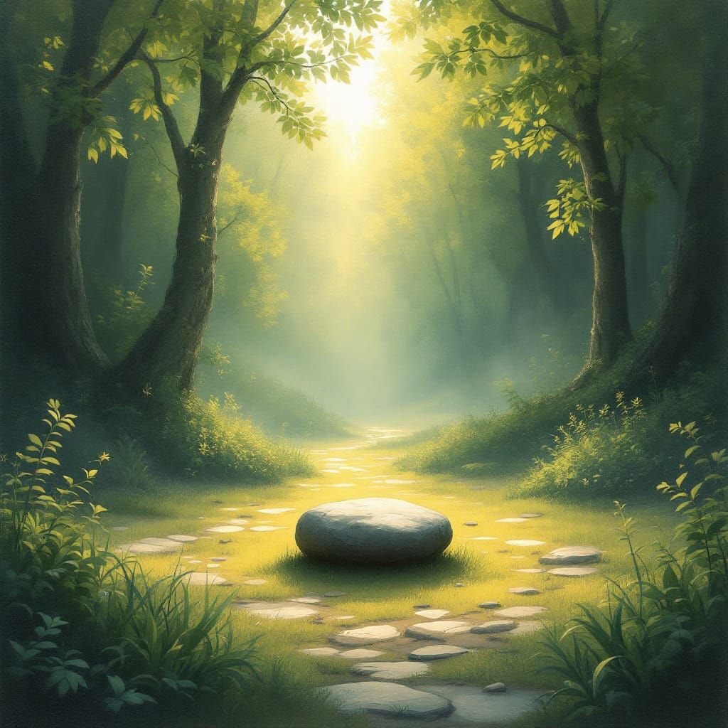 Tranquil Forest Clearing With Ancient Druidic Stone at Dawn