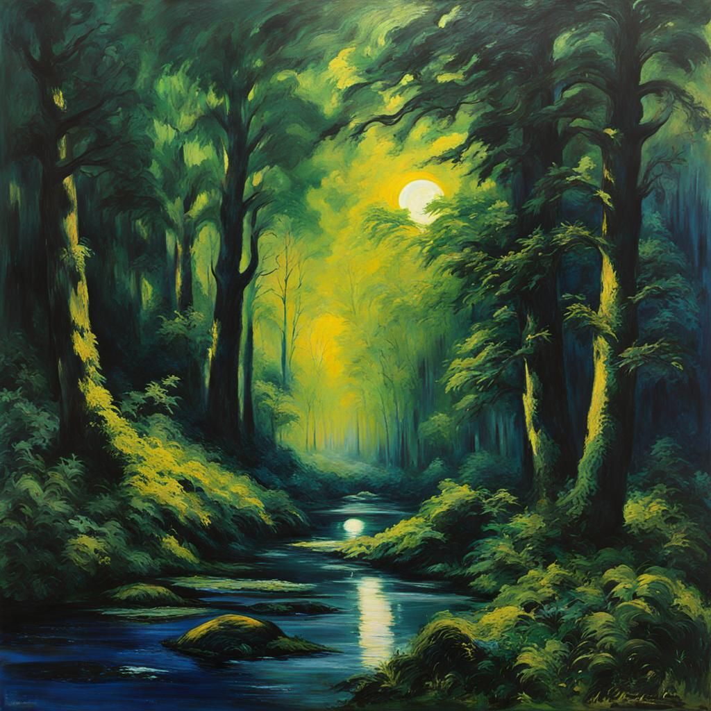 Bichromatic Forest Night in Romantic Painting Style