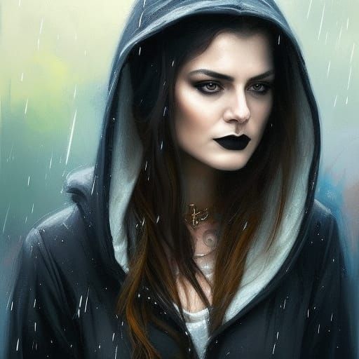Goth Girl Portrait in Rain, Oil Painting Style