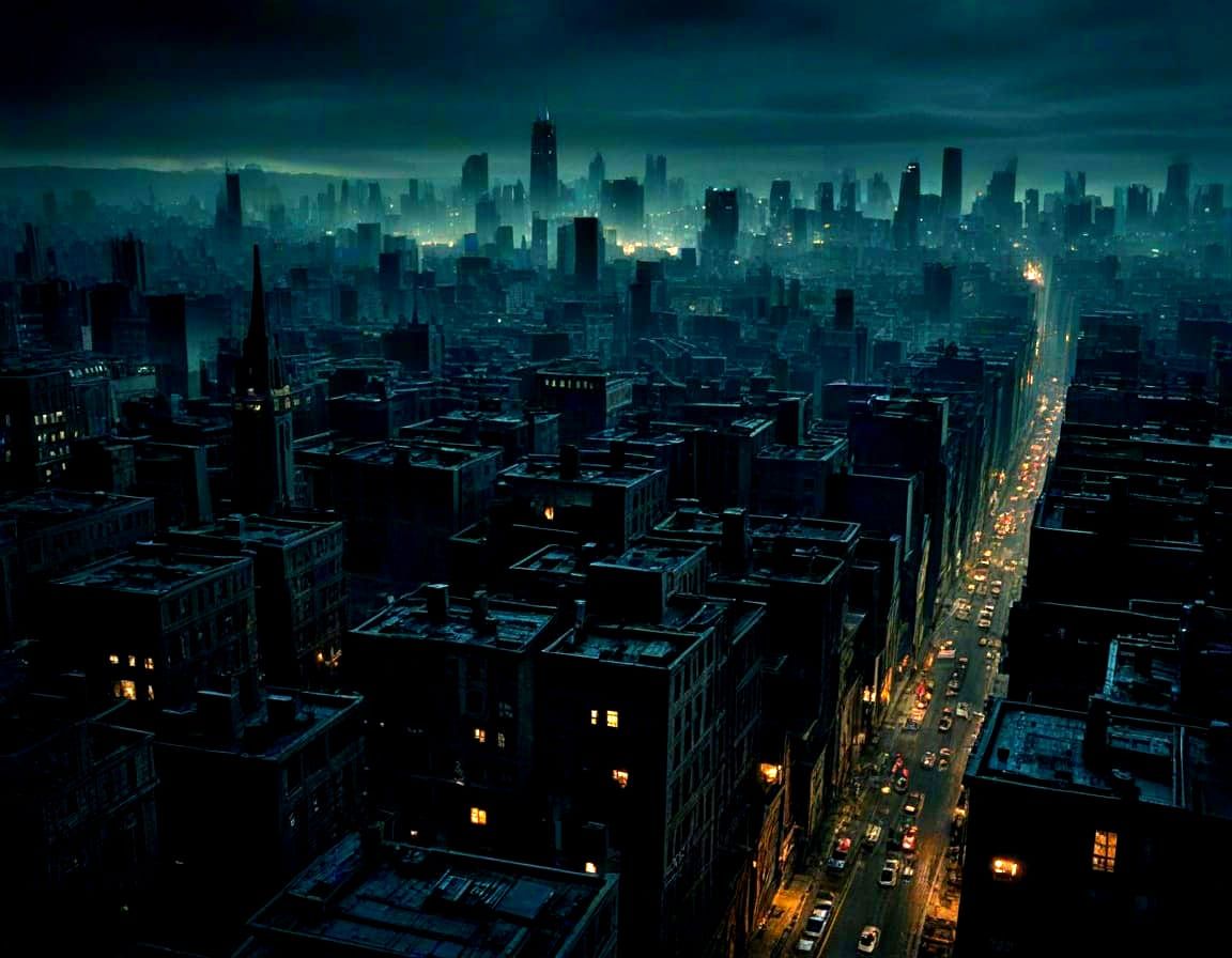 Dystopian Dark City at Night, Nightmare Masterpiece