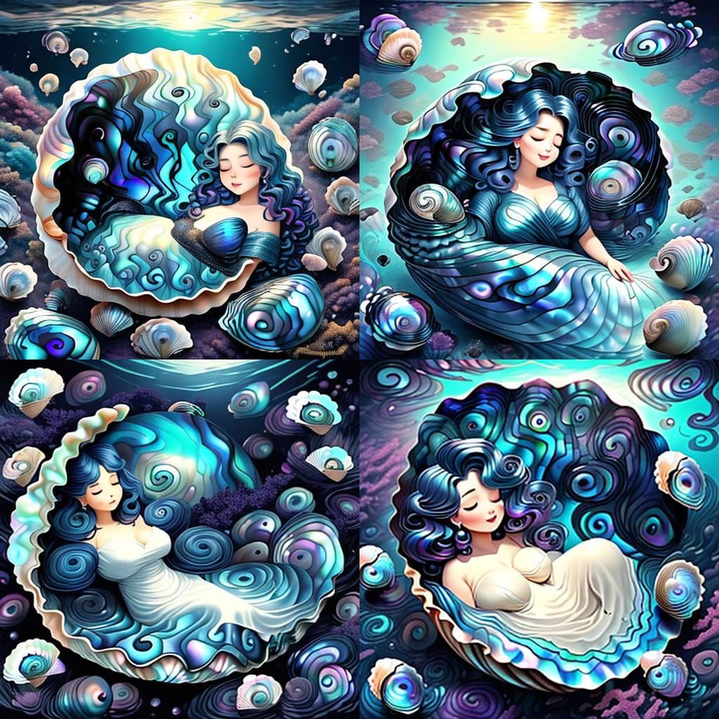 Mermaid Sleeping in Abalone Shell with Iridescent Tones