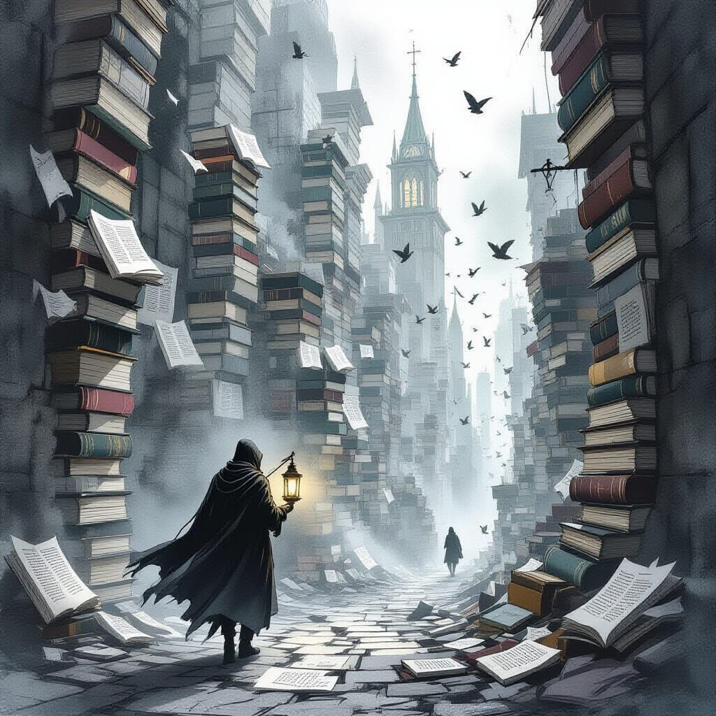Cloaked Figure in a City of Books