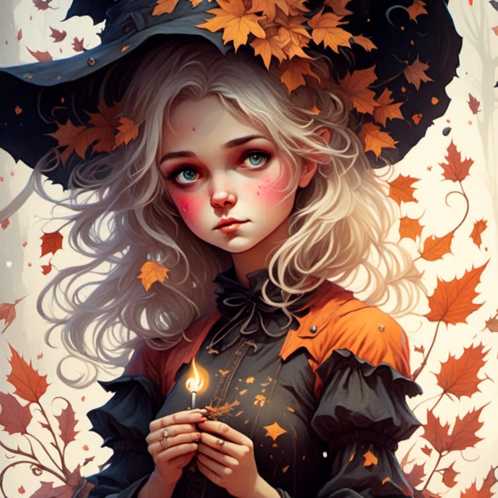 Cute Witch Girl Casting Spell in Aquarelle Style