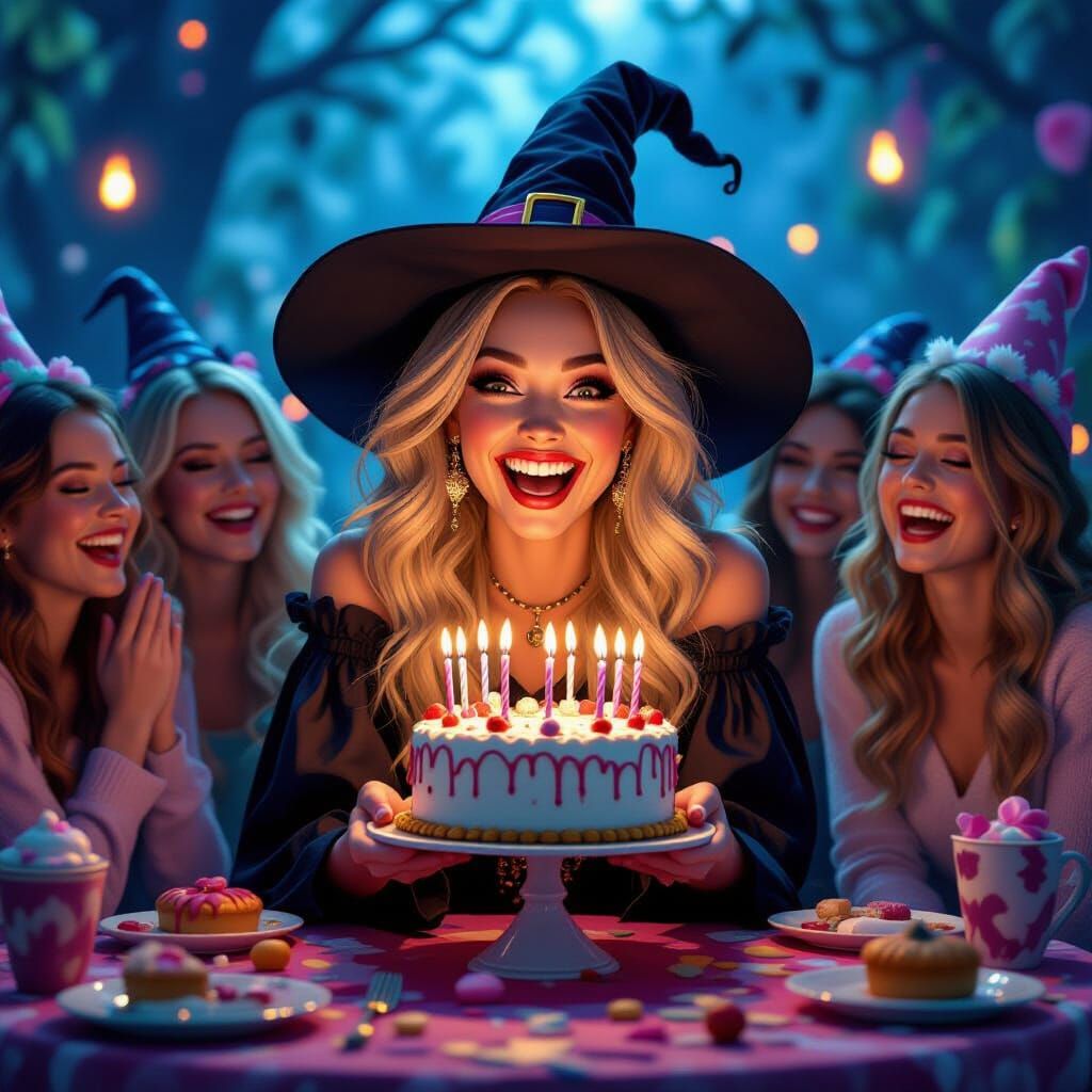 Laughing Witch at Scorpio Birthday Party in 3D Matte Paintin...