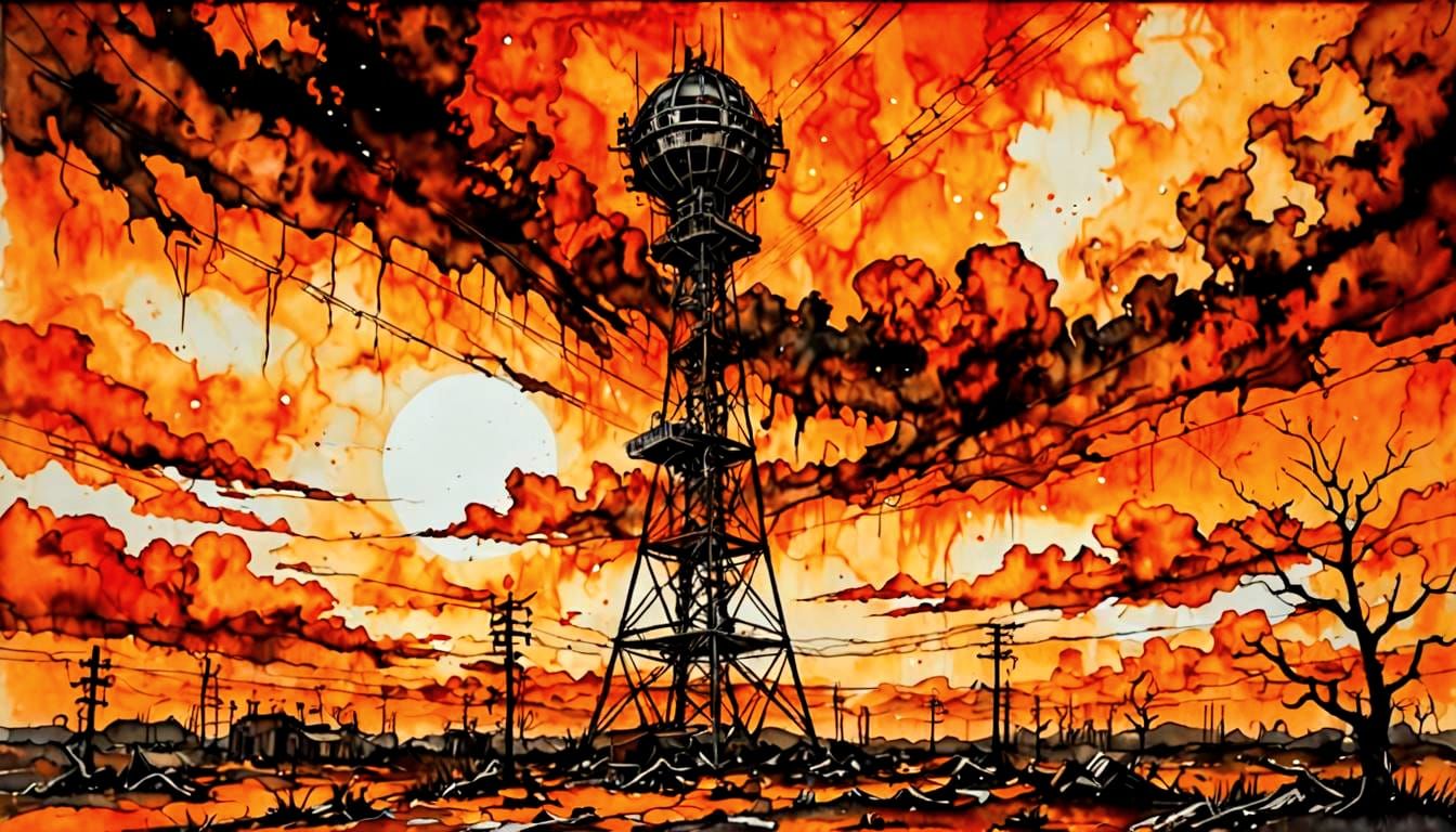 Post-Apocalyptic Radio Tower in Alcohol Ink Style
