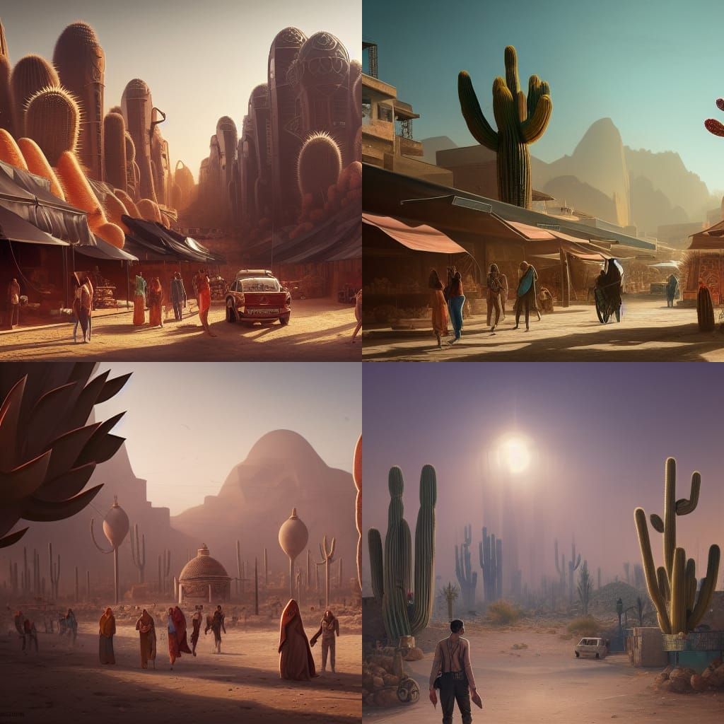 Retro-Futuristic Arabian Market Town in Desert Landscape