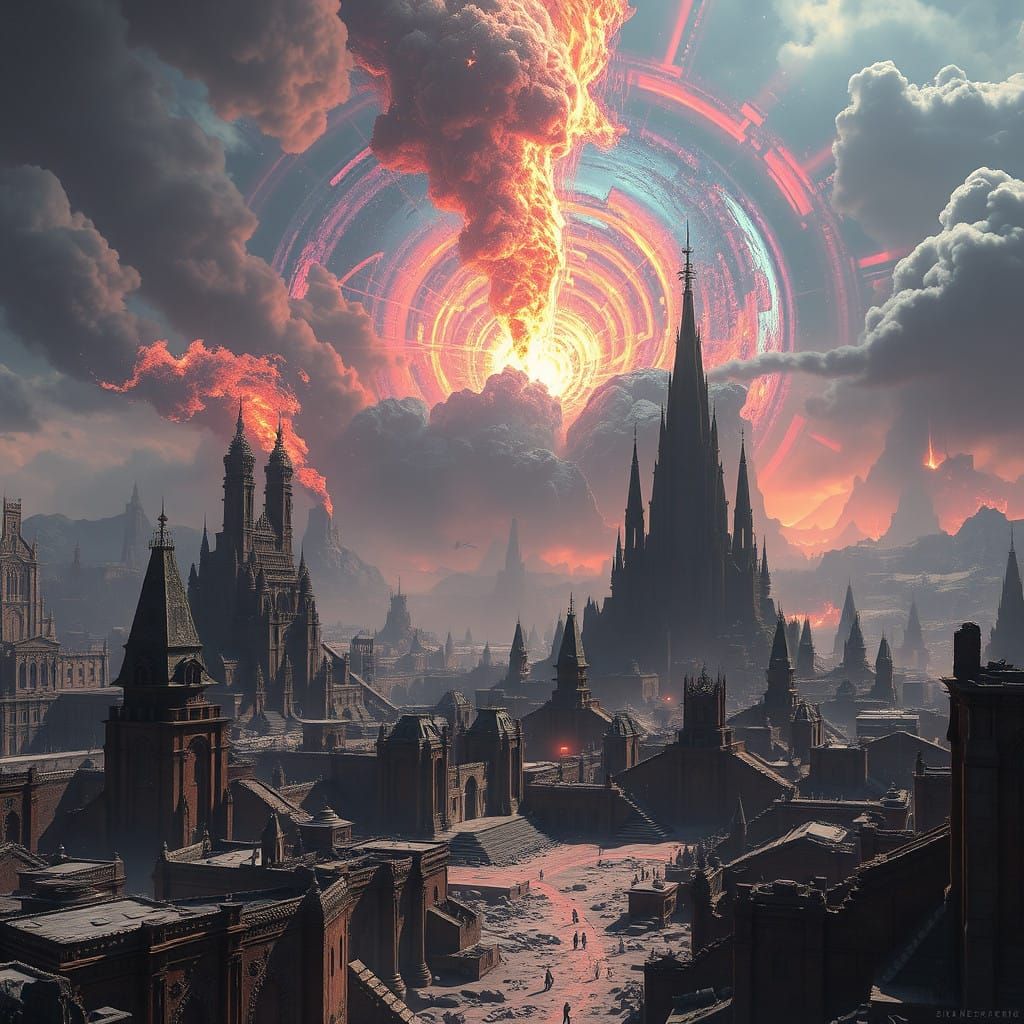 Apocalyptic Cityscape Unveils Quantum Singularity's Fury in....