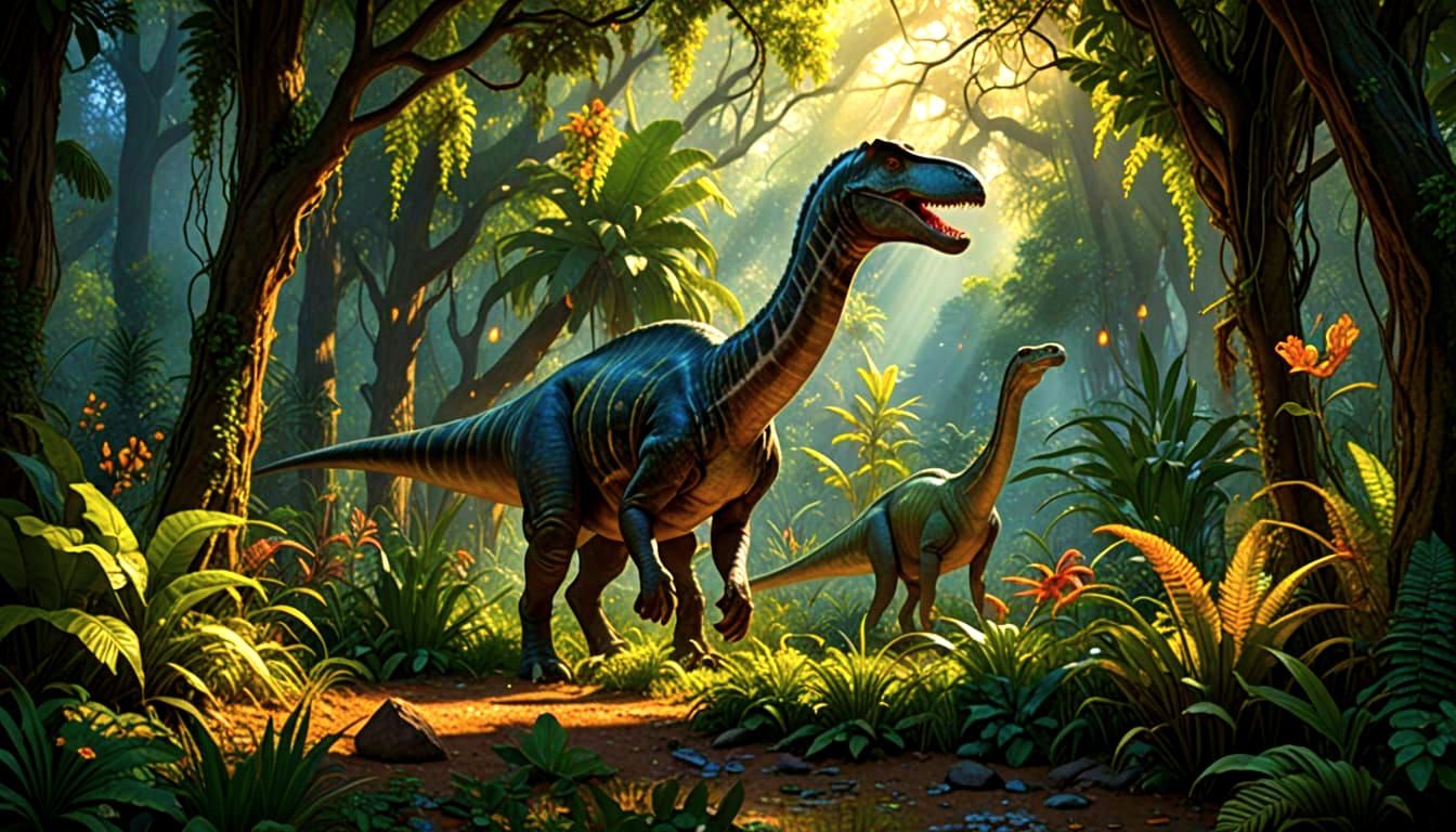 Jurassic Period Scene with Brachiosaurus in Lush Forest