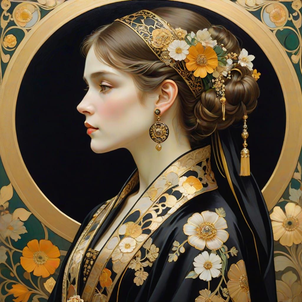 Regal Woman in Luxurious Black and Gold Attire