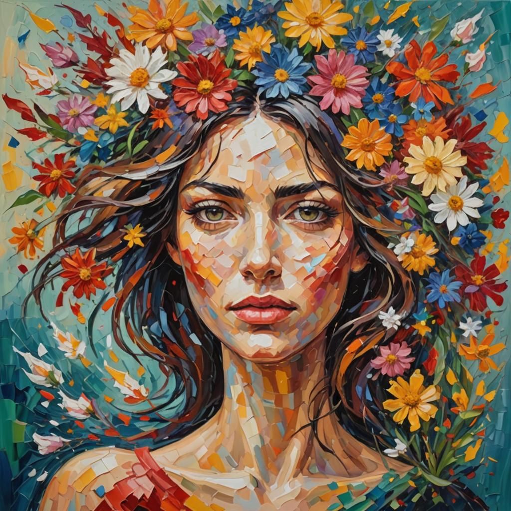 Floral Explosion: A Neo-Impressionist Portrait
