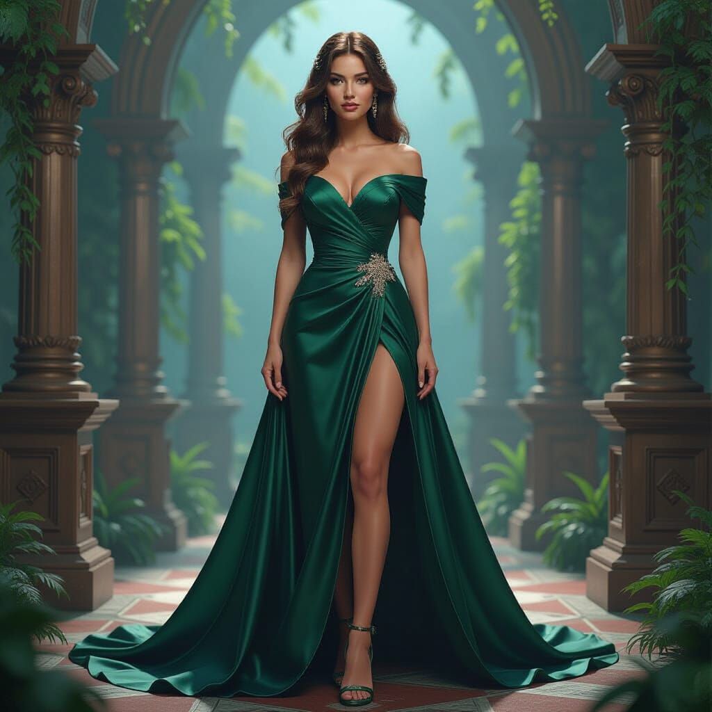 Regal Woman in Gown with Green Streaks