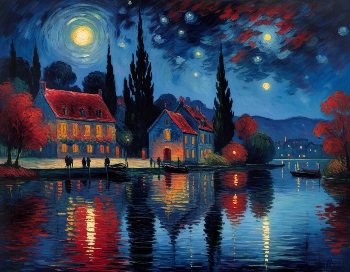 Impressionistic Town Reflecting in Lake at Night