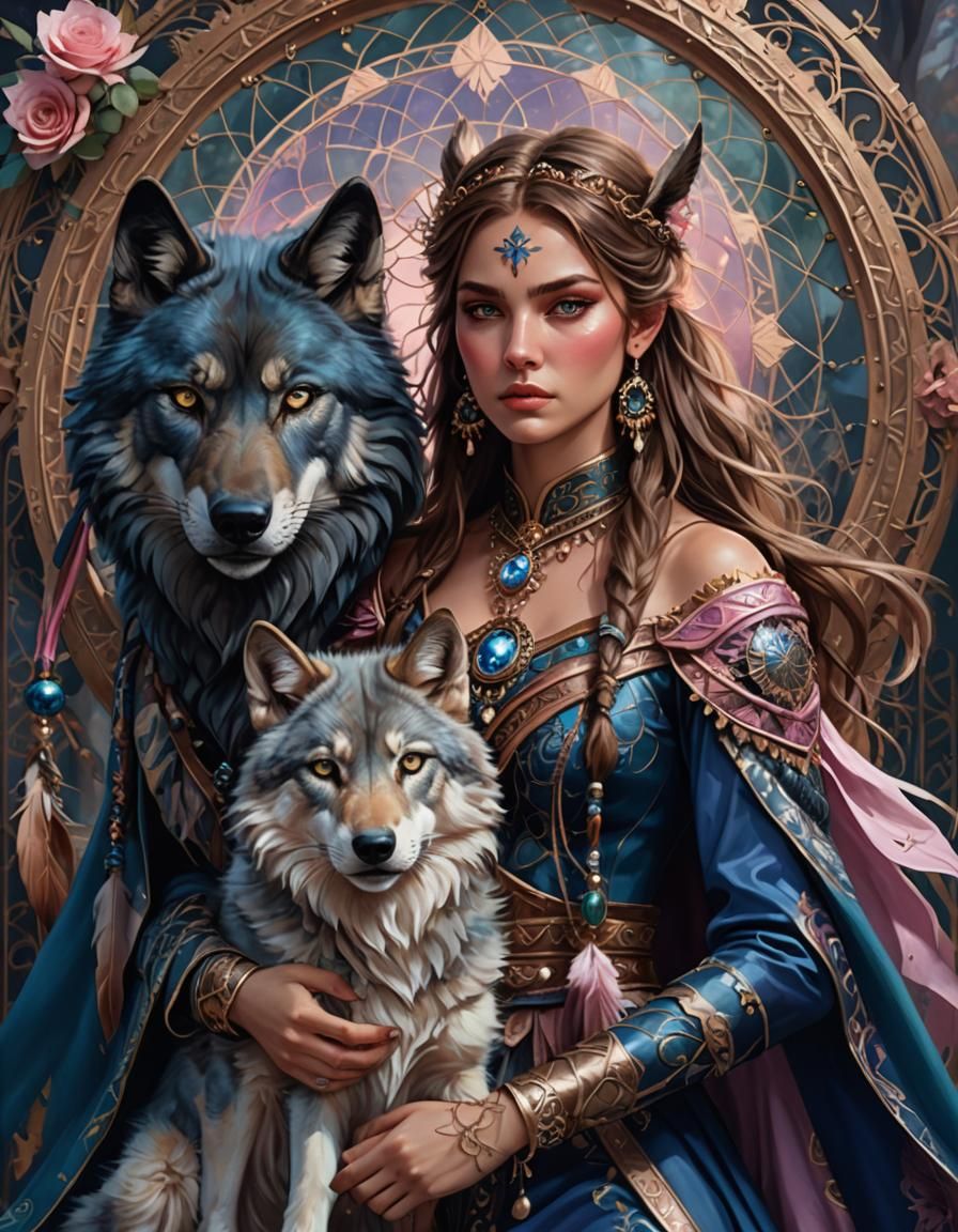 Fierce Warrior Princess with Wolf: Art Nouveau Fantasy