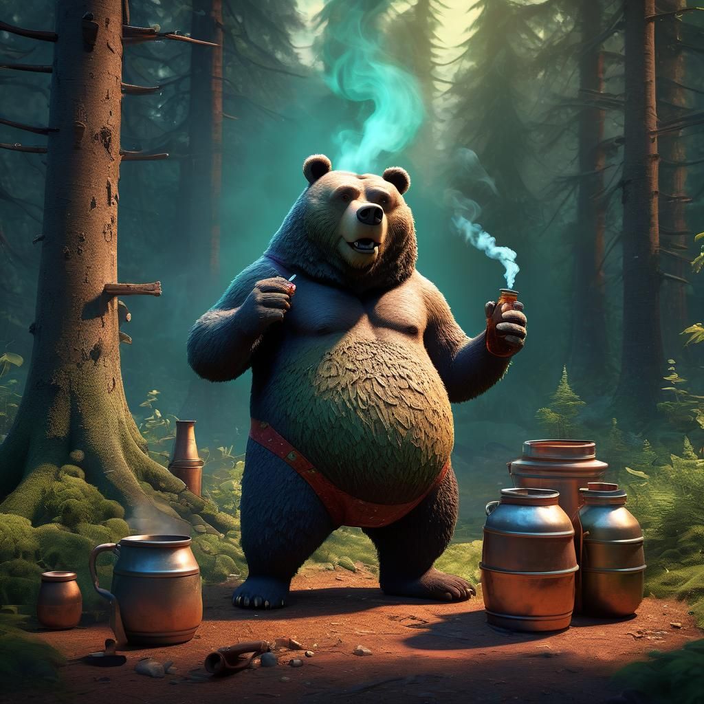Shaved Bear Smoking a Pipe in the Woods: 3D Digital Art