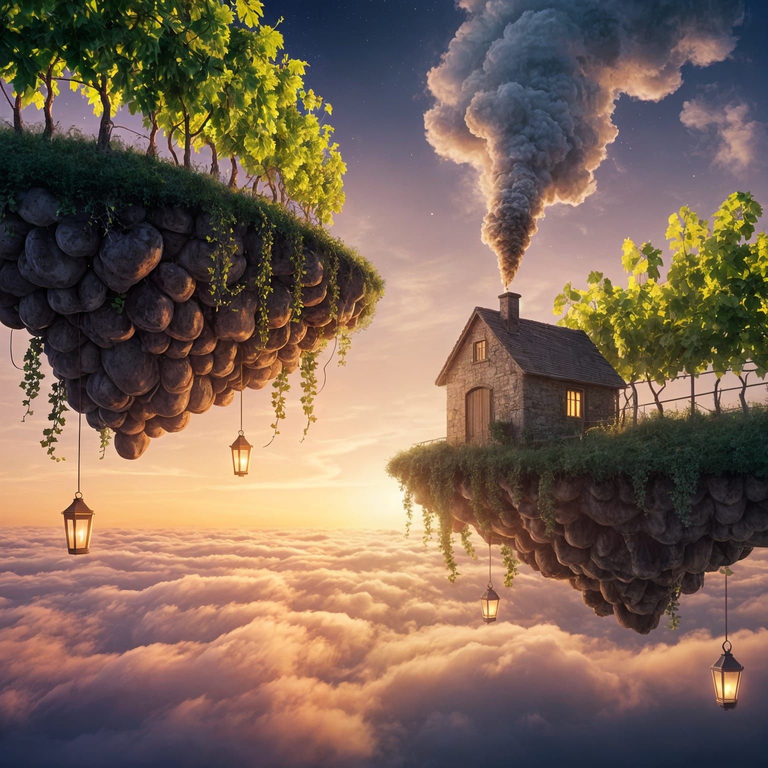 Surreal Vineyard Sky Scene with Glowing Grapevines and Rusti...