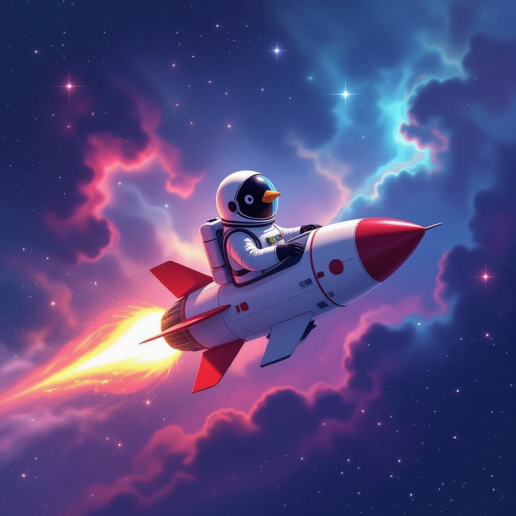 Penguin Astronaut Soaring Through Nebula, Digital Art