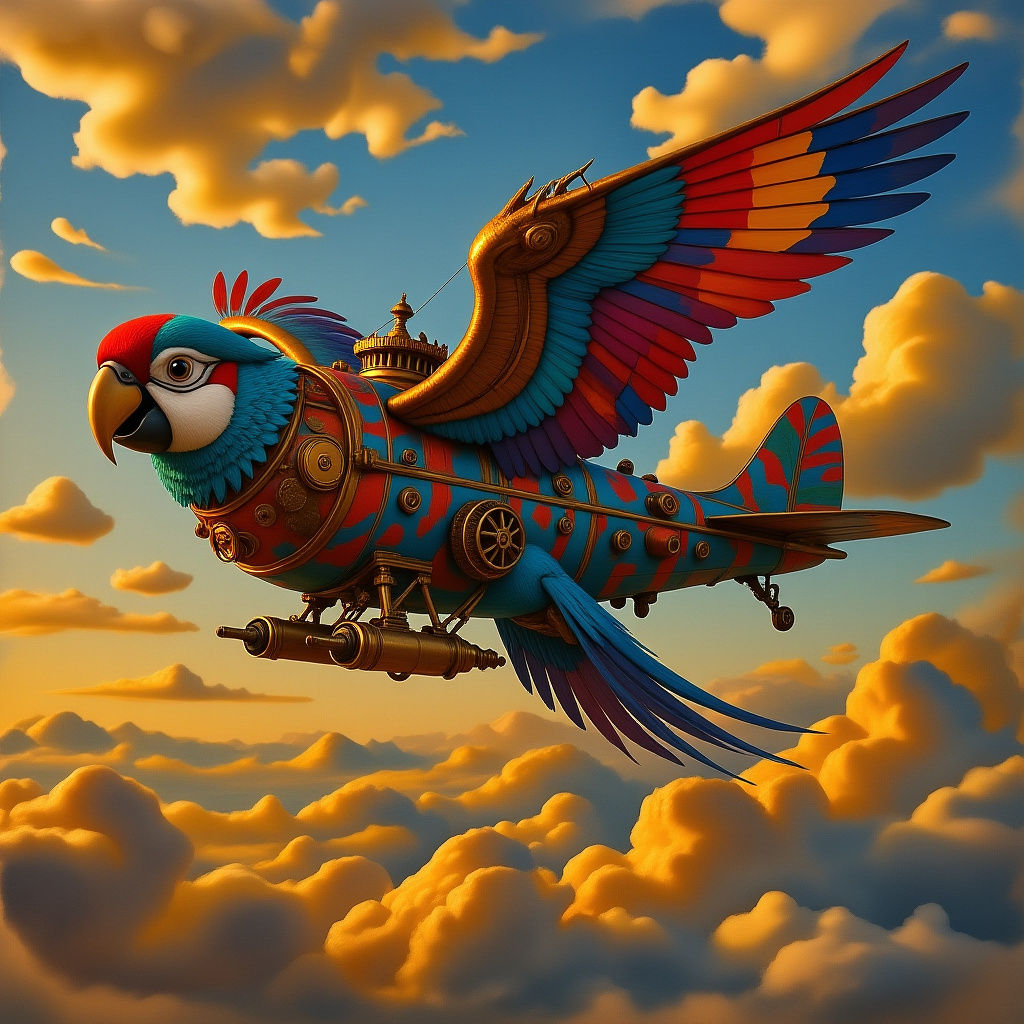 Steampunk Parrot Airship Soaring Through Pastel Skies