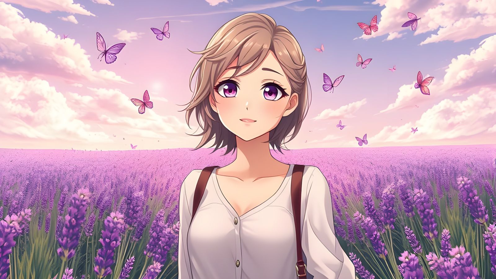 Anime Woman in Lavender Field with Butterflies
