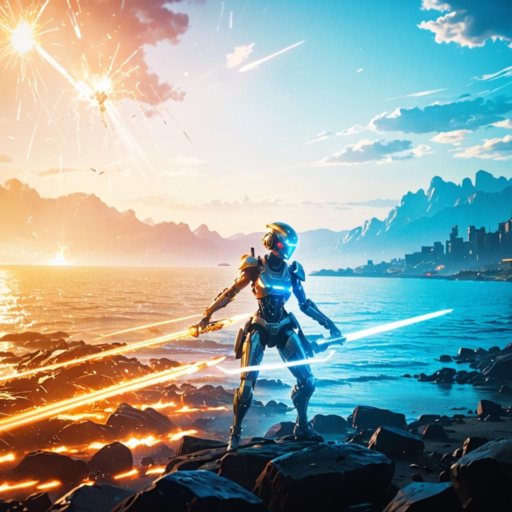 Cyberpunk Fembot Warriors Engage Alien Forces on a Sun-Kisse...