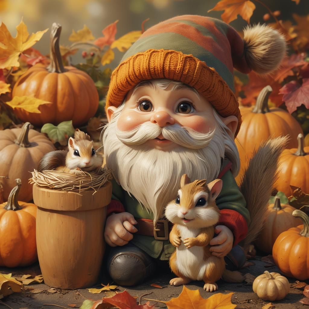 Gnome and Chipmunk in Autumnal Scene, Digital Art