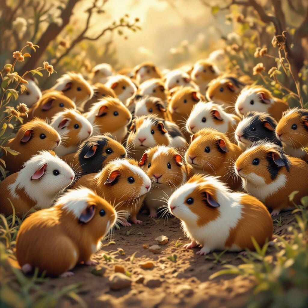 Horde of Guinea Pigs in Painterly Style with Golden Hour Glo...