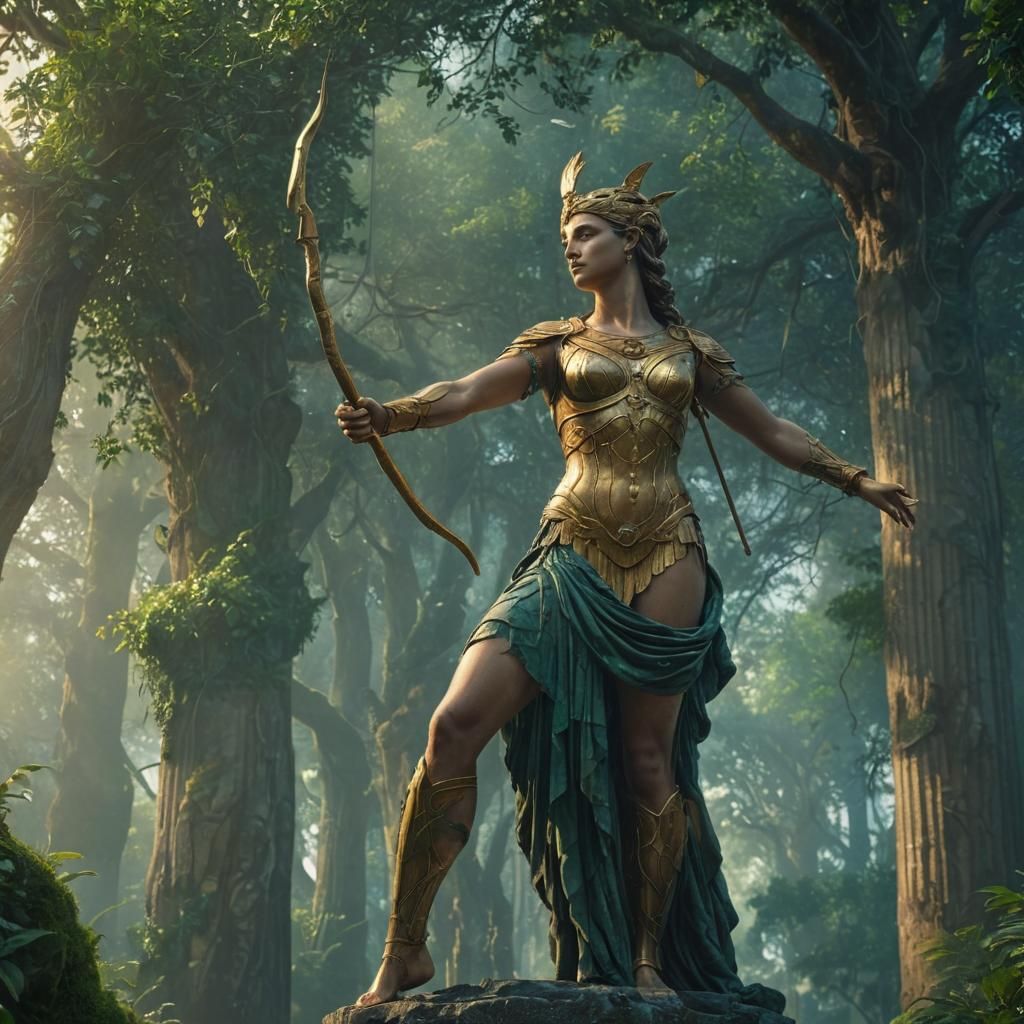 Majestic Artemis Statue in Mystical Dreamscape
