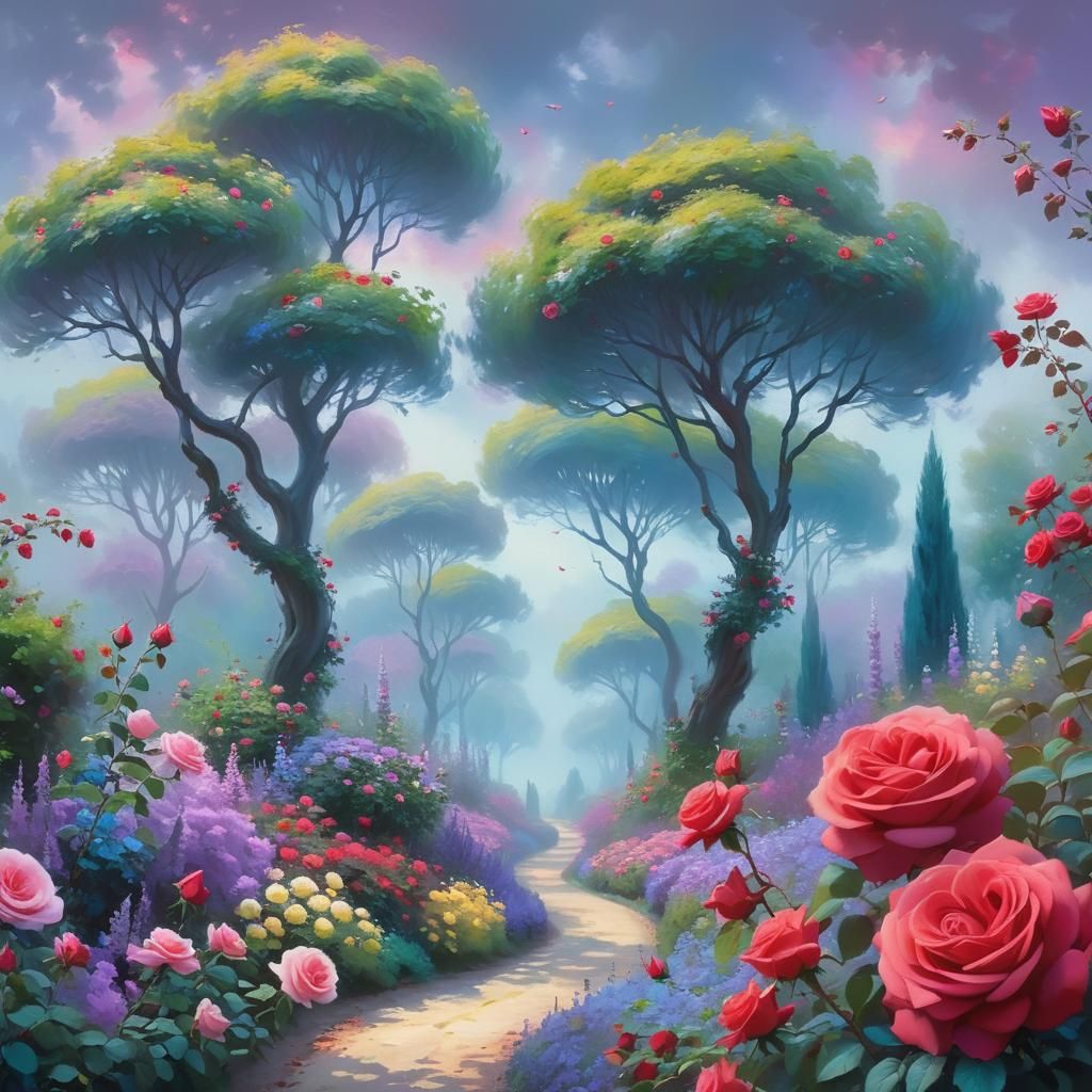 Impressionist Garden Landscape with Crimson Roses