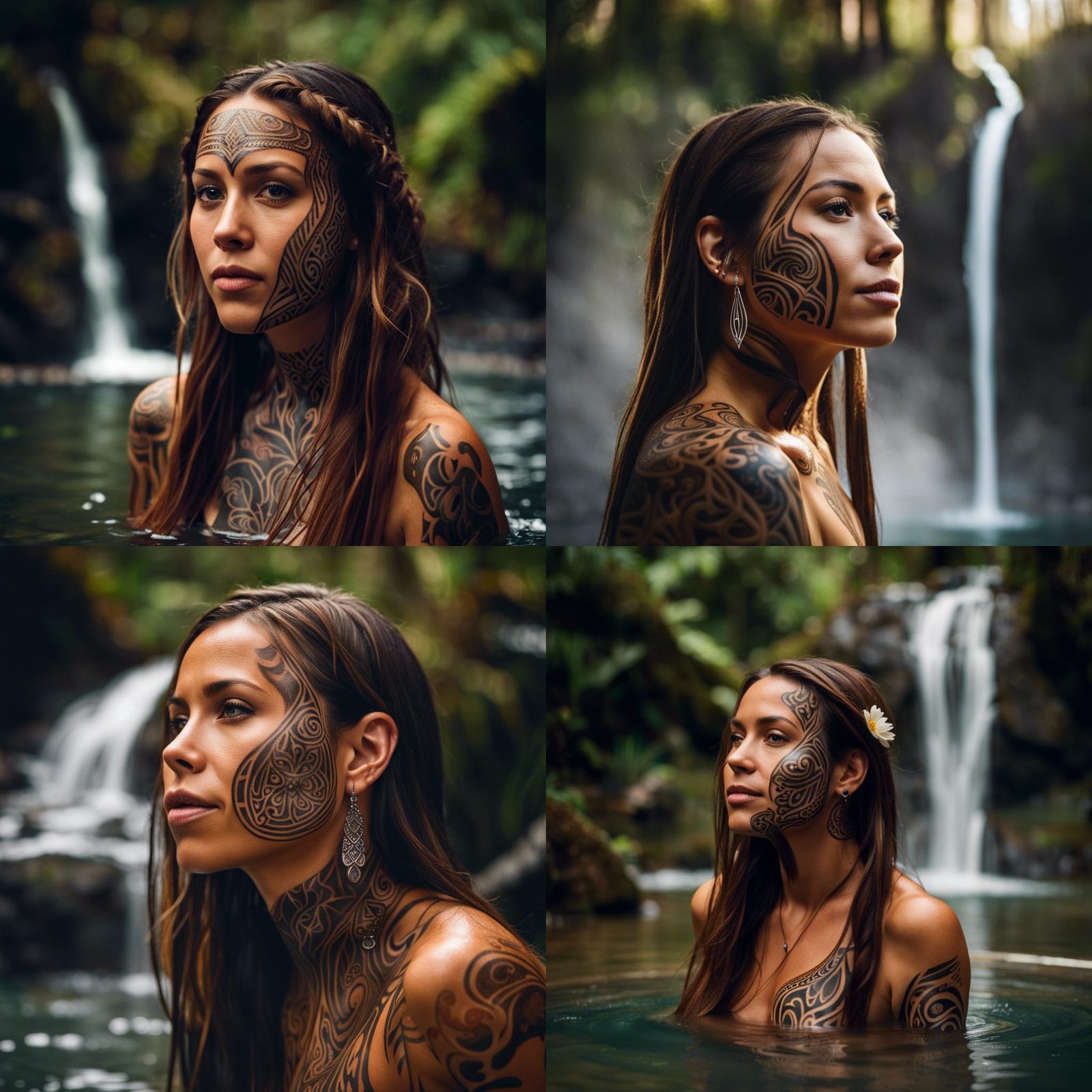 Indigenous Woman Bathing in Hot Spring with Waterfall