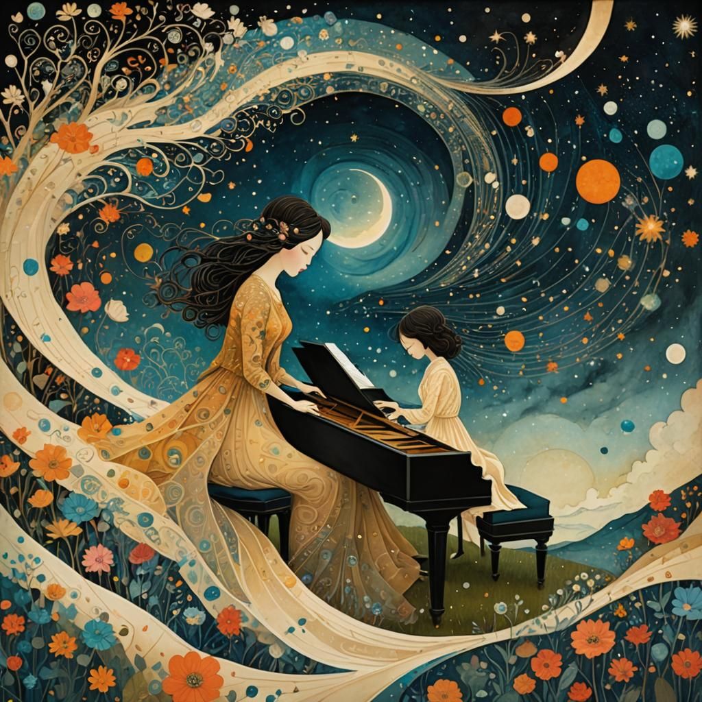 Girl at Piano: Whimsical Collage in Watercolor