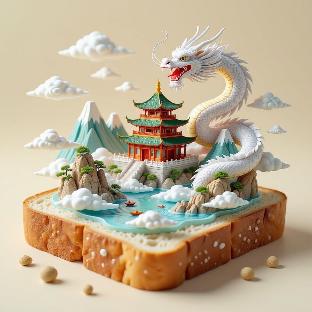 Shanghai Mountains Diorama on Bread with Dragon
