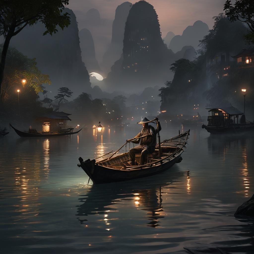 Cormorant Fisherman at Night, Digital Splash Art