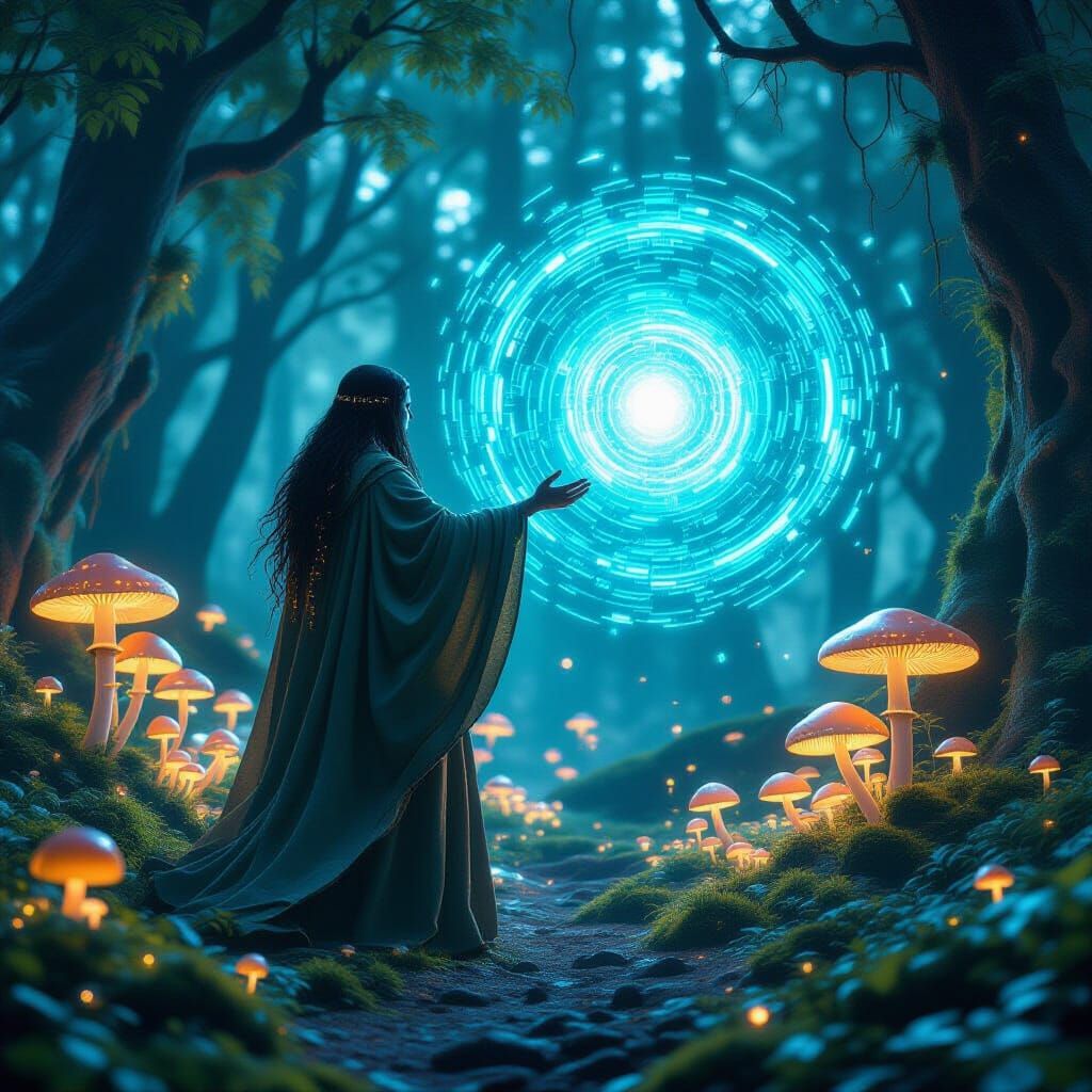 Digital Druid in Bioluminescent Forest, Hyperrealistic Style