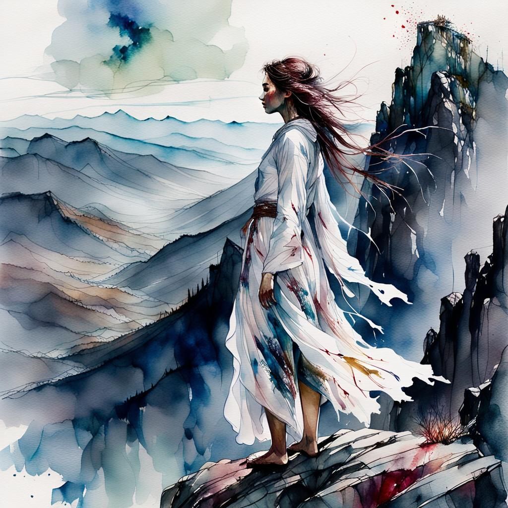 Girl on Mountain Peak in Watercolor Style